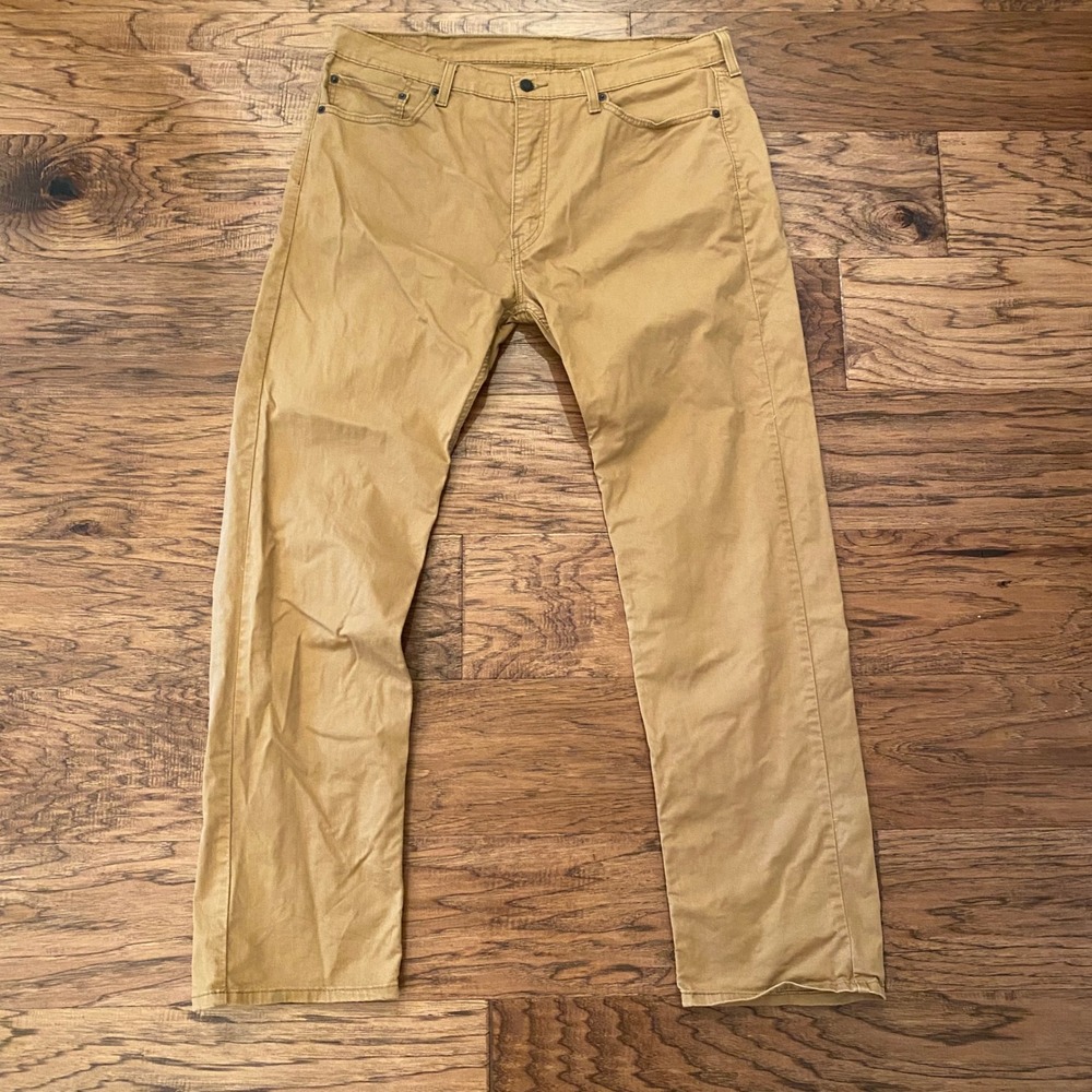Levis 505 Regular Fit Straight Leg Khaki Tan Stretch Pants Mens 38x34